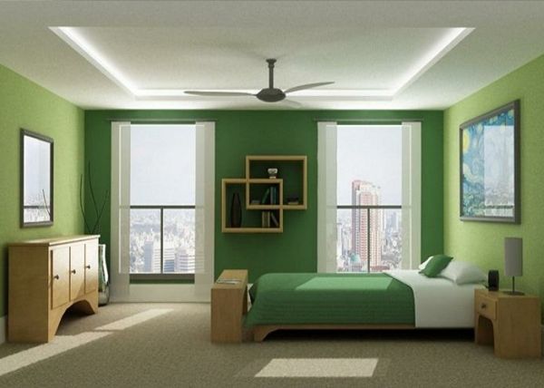barvna shema - spalnica-zelena-stene-lepa postelja - slike na steni