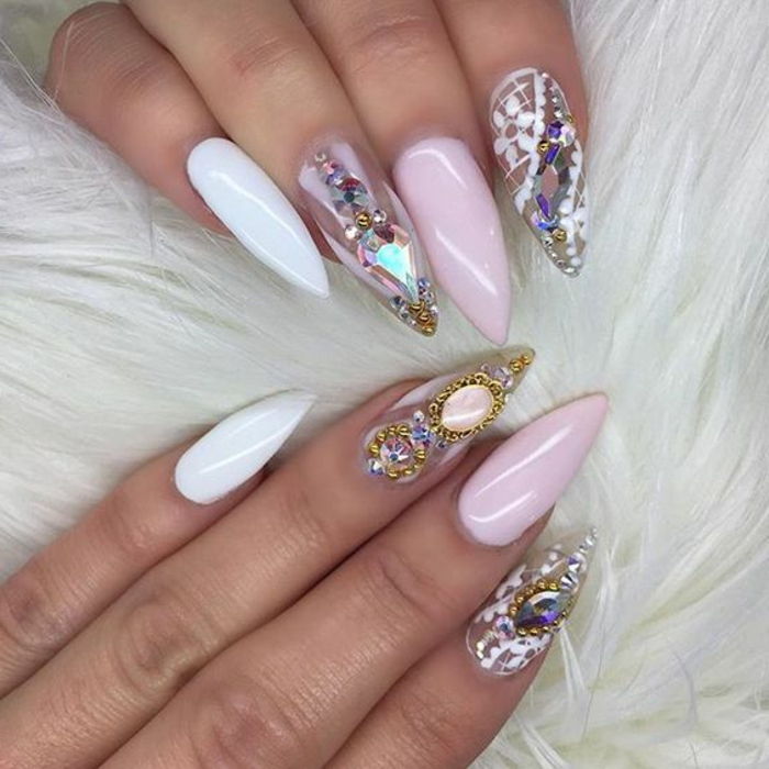 Art naglar pekade elegant idé extravaganta och vackra rosa nagel vit nagel och dekorerad med stenar