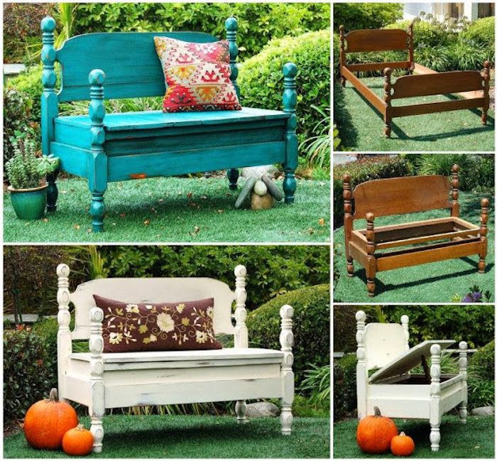 idéias de jardinagem - idéias para banco de jardim diy de uma cama velha - banco de jardim verde com almofadas - um kit de banco de jardim branco de uma almofada marrom e abóboras