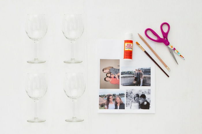poháre na víno, poháre, nožnice, fotografie, rodinné fotografie, lepidlo, kefa, ceruzka