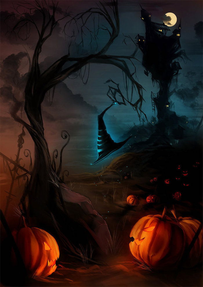 Halloween bakgrund en osynlig häxa går en väg av Jack O.'Lantern beleuchtet 