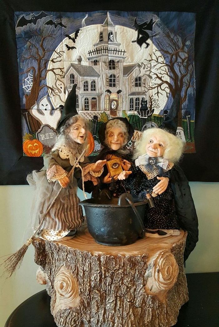 tre häxor runt cauldron som dekoration framför en bild för Halloween - bilder för Halloween