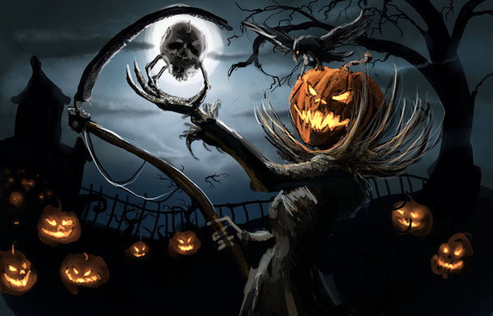 En pumpa ansikte från döden med HIP of death och en skalle i hans hand - spöklika Halloween bilder