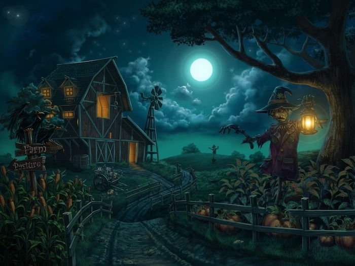 Bilder Halloween - ett hus i mörkret bevakat av en halmdocka