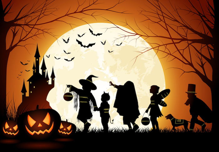 Halloween bilder några barn i Halloween kostymer, fullmåne och fladdermus