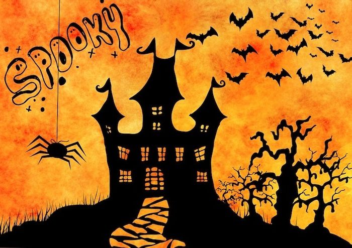 ett halloween slott med inskriften Spooky och en spindel - Halloween bilder