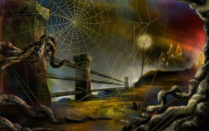 Halloween bilder en spindel och spindelväv, ett slott i bakgrunden