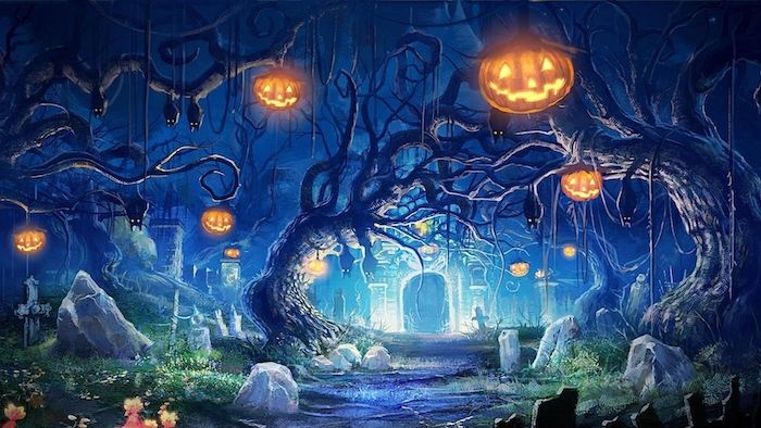 en kyrkogård med kusligt ljus, många halloween pumpor hänger ut