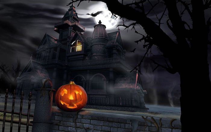 ett grumligt slott och fullmåne, halloween pumpa - halloween bakgrund