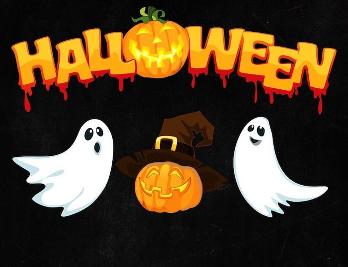 Skapa Halloween bakgrund med dig själv med två spöken och Halloween pumpa