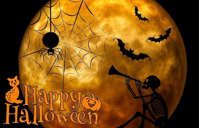 en fullmåne en spindelväv och orden Happy Halloween - Halloween bakgrund