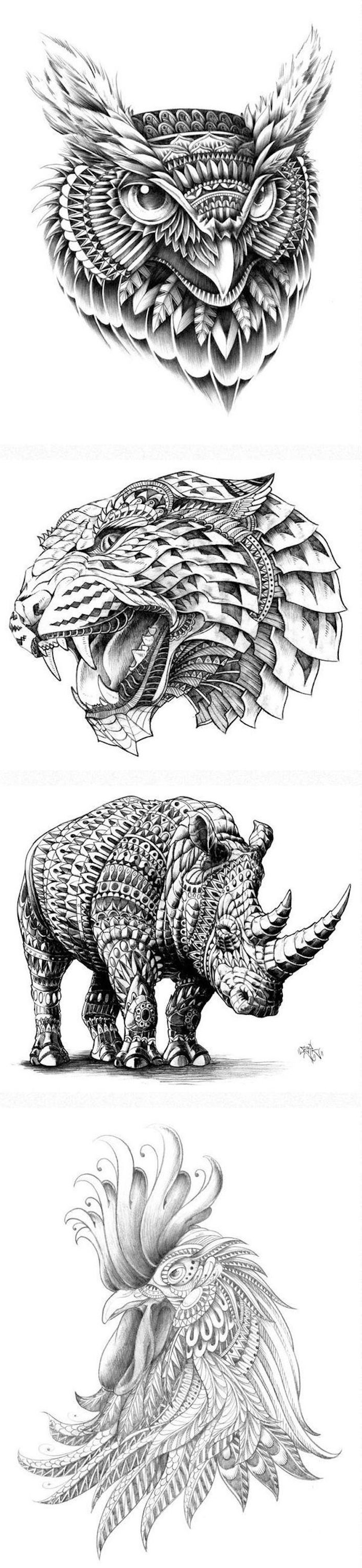 Qui troverai quattro idee per i grandi tatuaggi neri: un uhu, un leopardo, un rinoceronte e un gallo