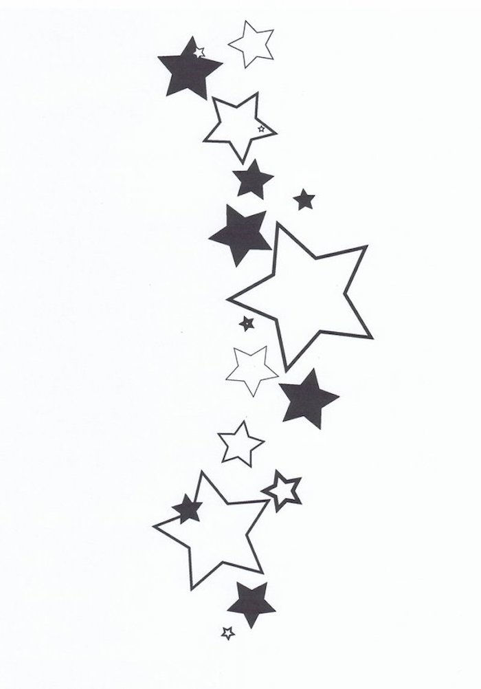 Idea per un piccolo tatuaggio con stelle bianche e nere grandi e piccole