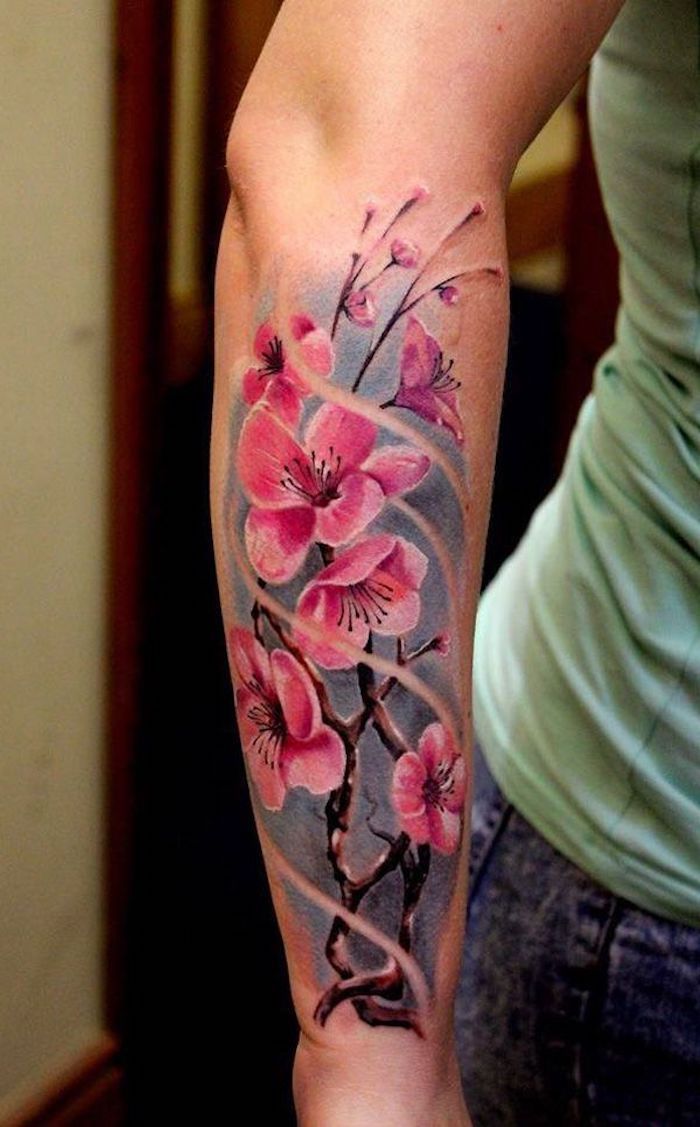 zinvolle tatoeages, vrouw met gekleurde tatoeage met Japans motief op haar onderarm