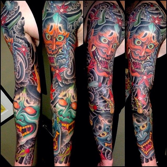 farebné japonské tetovanie, samuraj tetovanie na celej ruke
