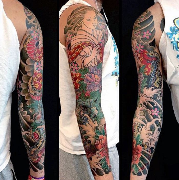 Japonské tetovanie, muž s farebným rukávom tetovanie s japonskými motívmi