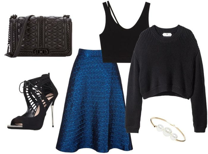 koda oblačenja poletje praznično črno in modro modra obleka črna pulover torba visoke pete čevlje