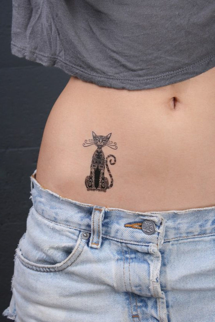 Modelos de tatuagem precisão das mulheres pintado gato no estômago tatuagem artificial de cat animal jeans camisa
