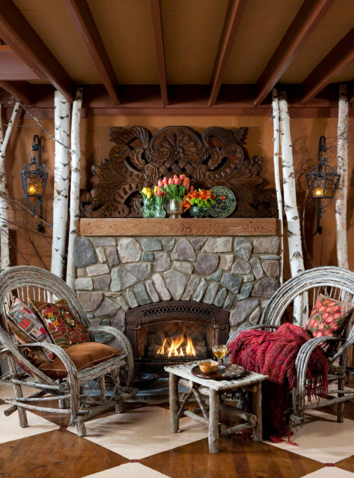 Akdeniz tarzı mobilyalar ve rustik unsurlar Mobilya country tarzı sandalye tabure Birch şömine öhölzerne gravür laleler