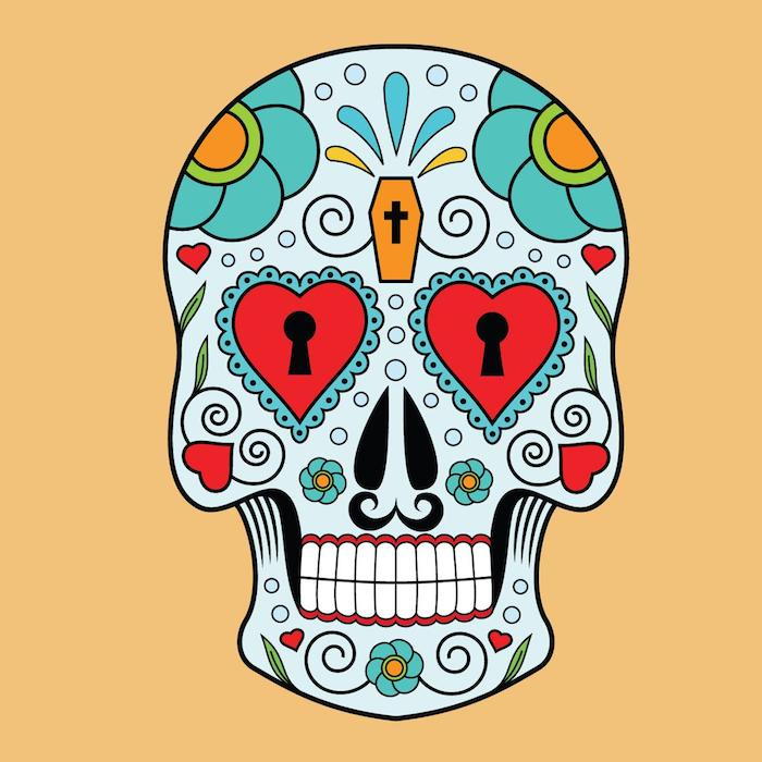 büyük kırmızı kalpler ve yeşil çiçekler ile bir kafatası ile dövme - Meksika kafatası dövme