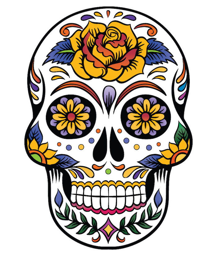 gül dövme ile baş - sarı bir gül ve menekşe ve sarı çiçekleri ile beyaz bir kafatası - bir meksika kafatası dövme