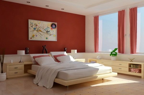 moderne muurkleur voor slaapkamer met een groot bed en wit linnen