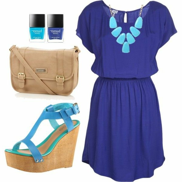 módne oblečenie-dámy-módne-sandále-s-kliny-letné šaty-modré klinové podpätky
