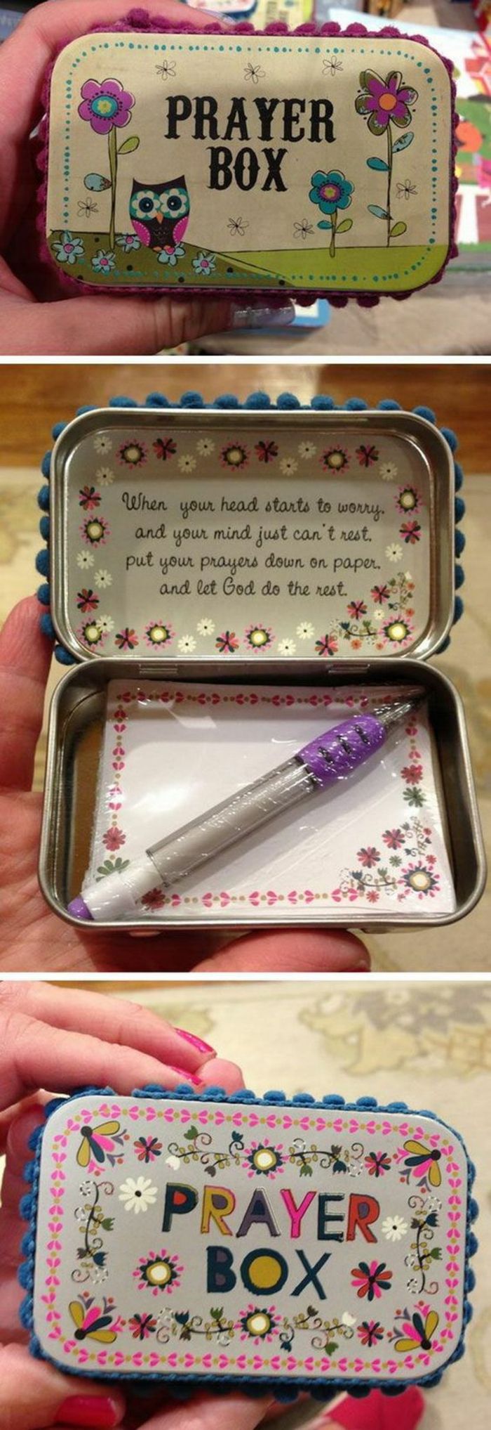 caixa lindamente decorada com pequenos pedaços de papel e caneta - presente para o Dia das Mães