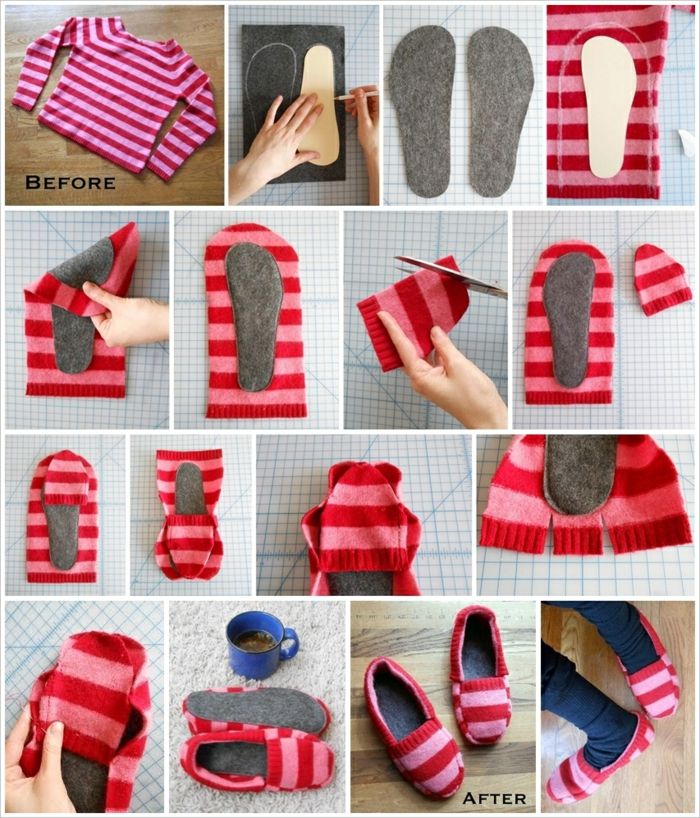 Coaceți papucii dintr-un pulover cu dungi roșii, în unele pași