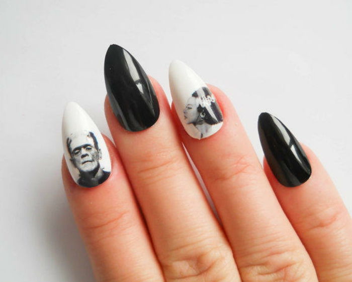Konstgjorda naglar spitz idéer för att designa vit och svart med personligheter ritade på vitt