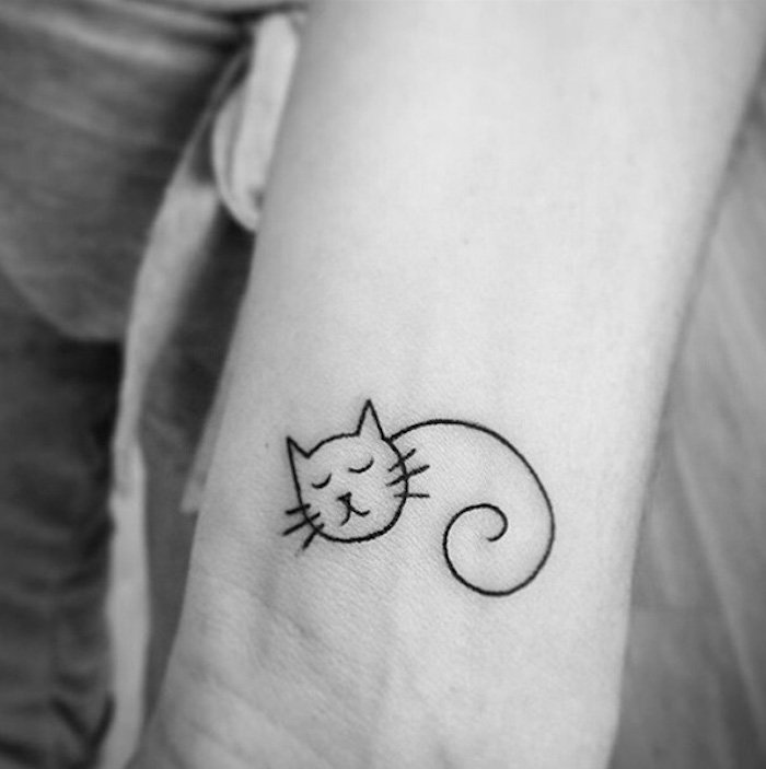 świetny pomysł na tatuaż kota na nadgarstku - oto mały śpiący kot o długich wibracjach