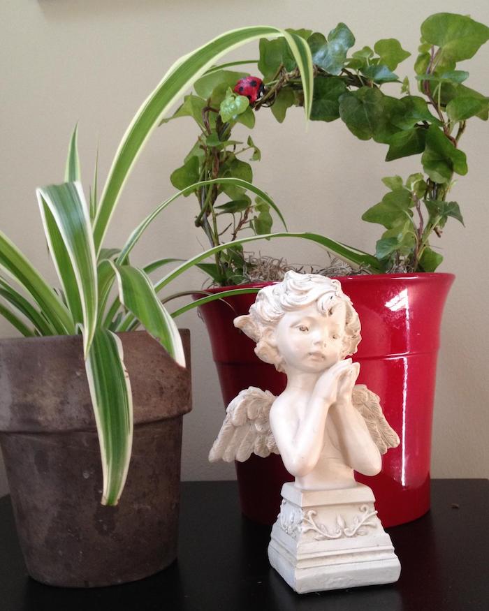 dois vasos de flores com plantas para quartos escuros e uma deliciosa escultura de anjo