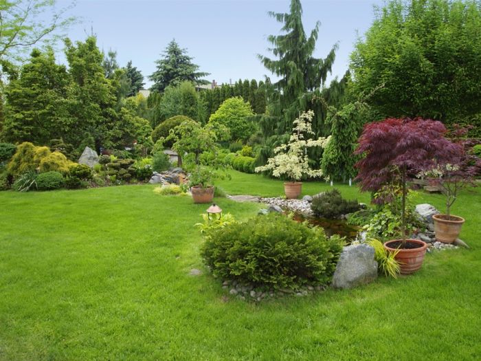 štyri kvetináče s okrasnými stromami, skalnatá záhrada, anglická záhrada - aby sa záhrada ľahko starala