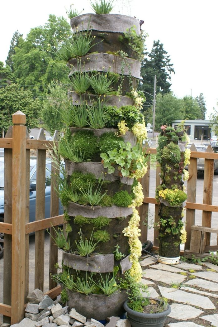 okrúhla vertikálna záhrada s rôznymi rastlinnými druhmi - terénne záhradné postele