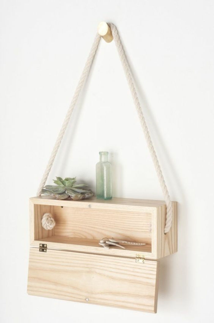Regal-own-build-półka wisząca ściana-z-drewna-roślina-szkło-lin-DIY Pomysł