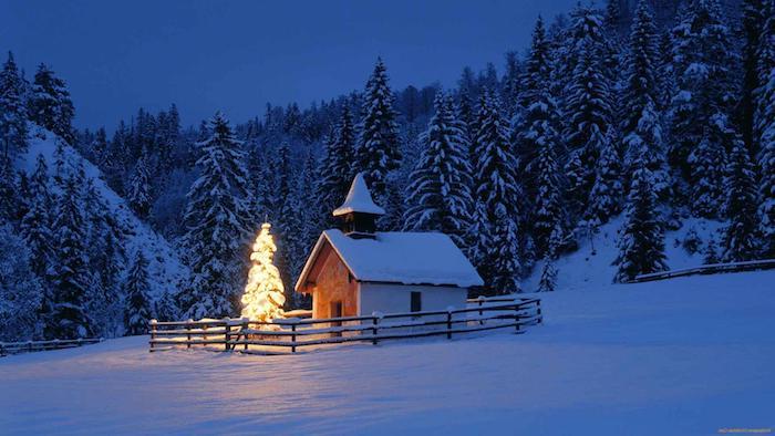 piccola chiesa con un abete di notte - una foresta con alberi e neve - immagini romantiche invernali