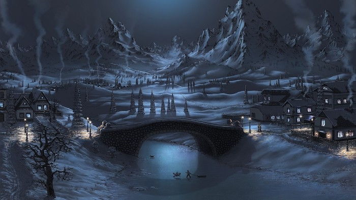 una scena invernale con un piccolo villaggio con molte piccole case e alberi, un fiume e un grande ponte