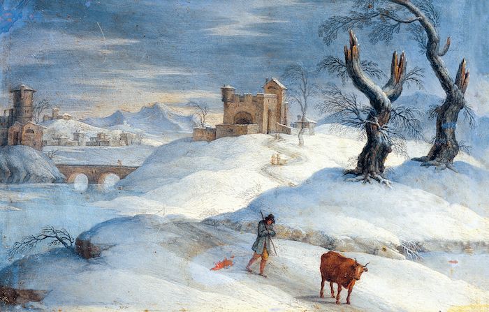 fiume e un ponte e un castello - un uomo e due alberi - una bella immagine invernale