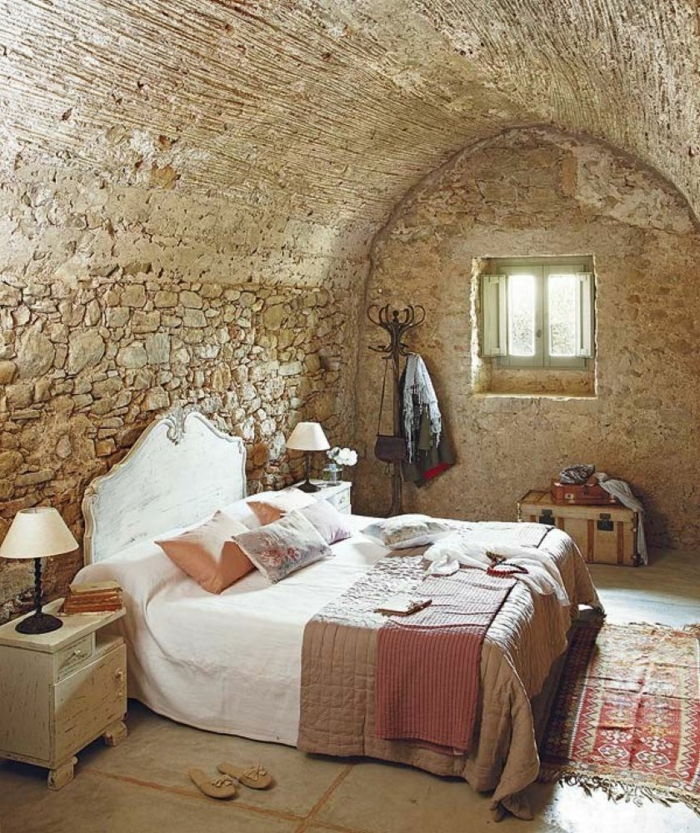 rustik döşenmiş yatak odası kollu tavan Taş Retro halı-bağbozumu komidin Landhausstil