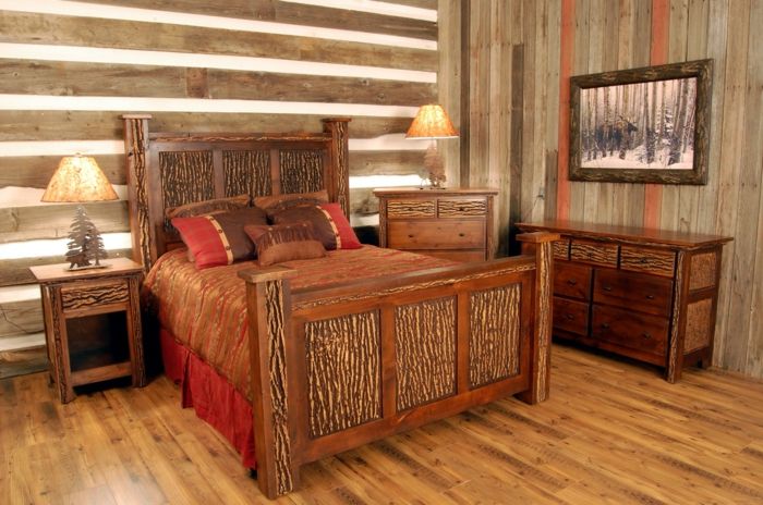 rustik yatak odası, modern bir kır evi mobilya büyük yatak tarayıcılar komidin ahşap çerçeve orman motifleri-ilginç-güç masa lambaları
