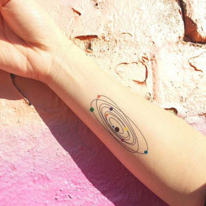 planetas do sistema solar do cosmos da mulher dos motivos da tatuagem na cor diferente designar a tatuagem do braço