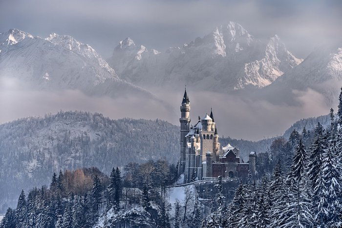una foresta con molti alberi e neve - un castello con grandi torri - montagne invernali con neve - cielo con nuvole bianche