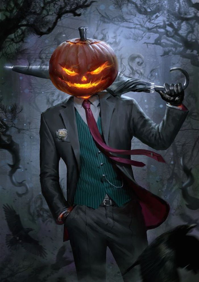 en halloween pumpa från huvudet av ett monster i kostym - halloween bakgrund