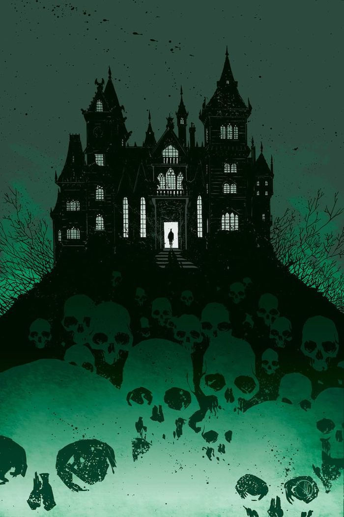 ett slott med läskiga skalle som orsakar - Halloween bakgrund