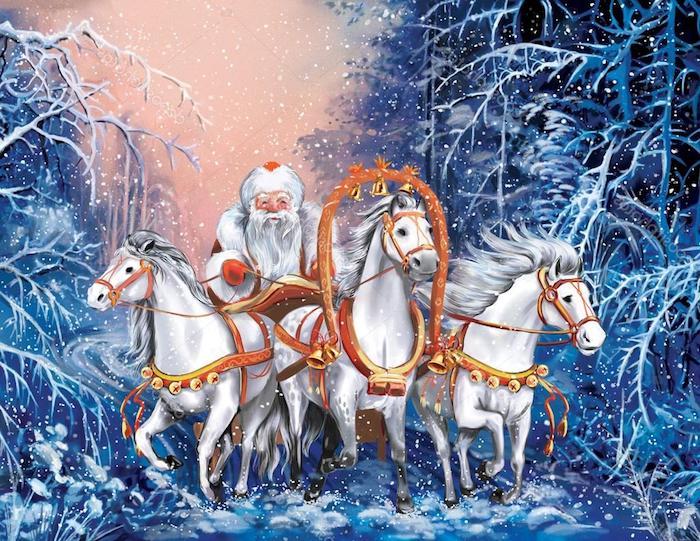 tre cavalli bianchi - una foresta con grandi alberi bianchi e fiocchi di neve