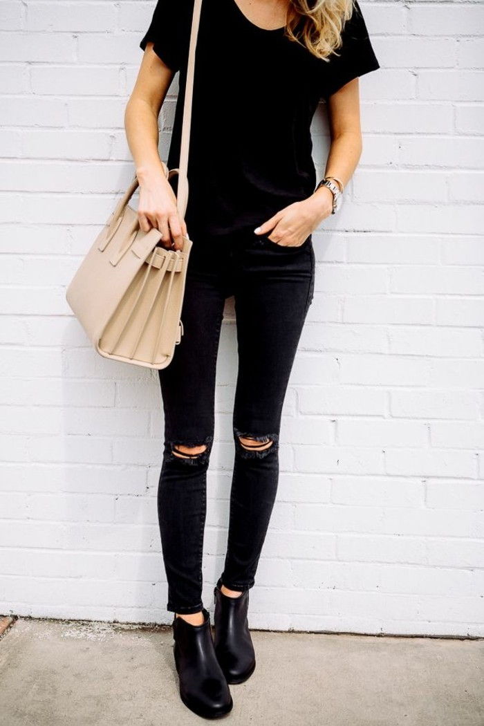 svarta dräkten-jeans-med härjade påse Cappuccino färg