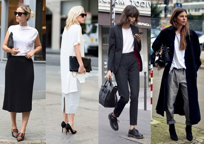 smart casual kvinna kläder idéer i svart och vitt sneakers ballerinas högklacka skor glasögon