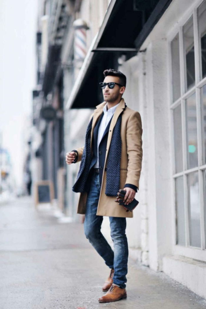 Upscale príležitostné oblečenie muži trendy oblečenie pre mužov kabát béžové hnedé topánky okuliare