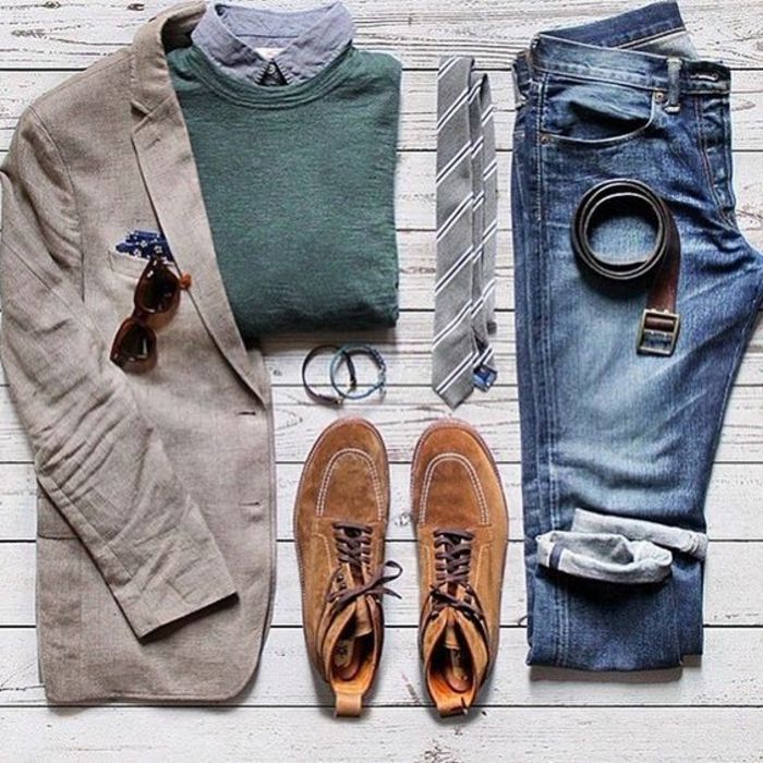 Hoogwaardige vrijetijdskleding voor elegante heren-jeansblazerblazer-pullover en overhemd-stropdasbril