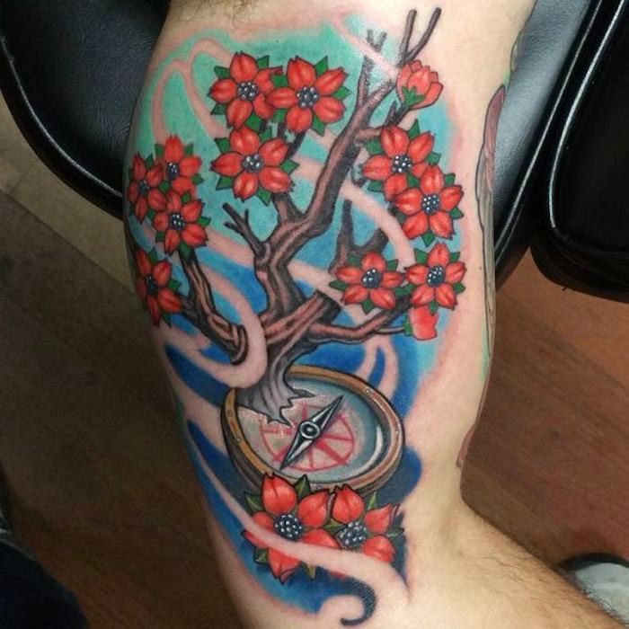 symbool van kracht, kersenboom met rode bloemen in combinatie met kompas